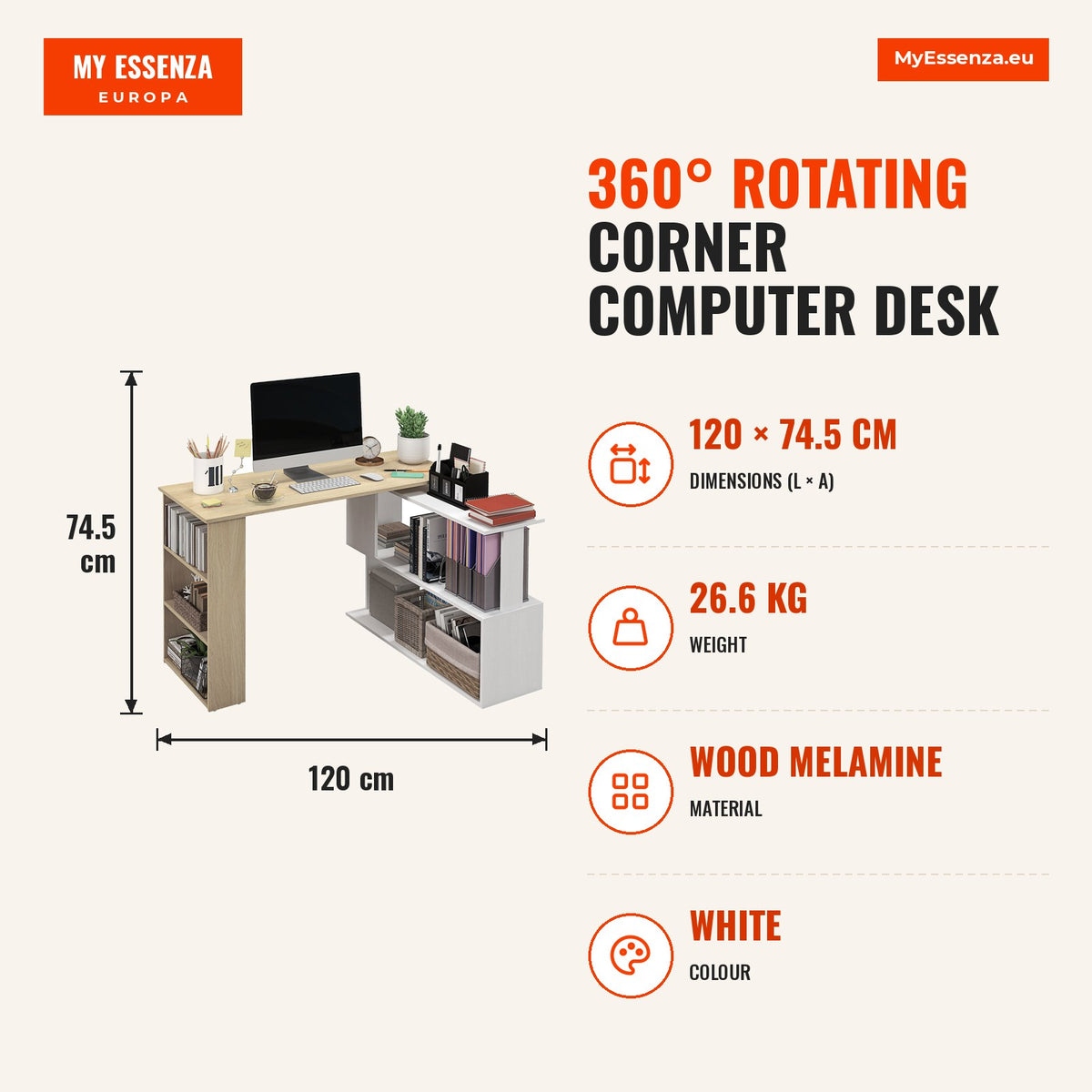 Mesa de Computador Secretária Mesa de Canto Giratória 360° com 5 Prateleiras para Casa Escritório Madeira e Branco — Infografia | Infographic — dimensions