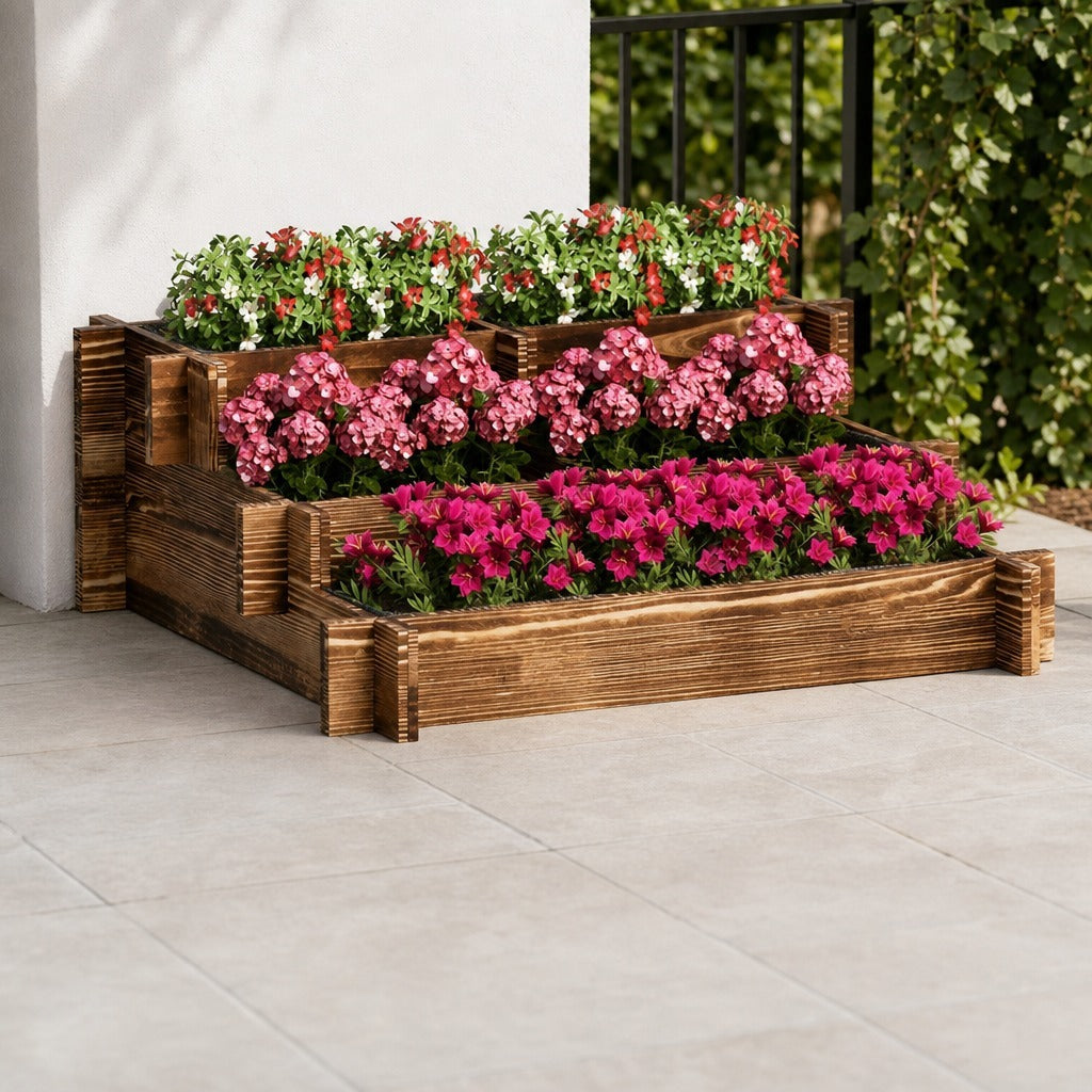 Caixa de Plantio de Madeira de 3 Níveis Horta Vertical em Escada com Malha Geotextil para Cultivos de Plantas Flores para Jardim Terraço Exterior 93x93x35 cm Carbonizado — Ambiente | Lifestyle