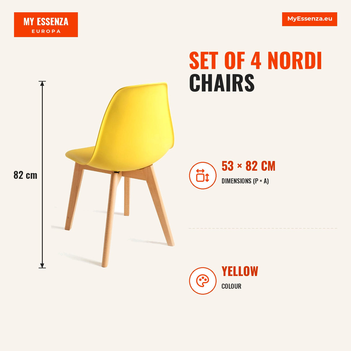 Pack 4 Cadeiras Nordi — Amarelo — Infografia | Infographic — dimensions