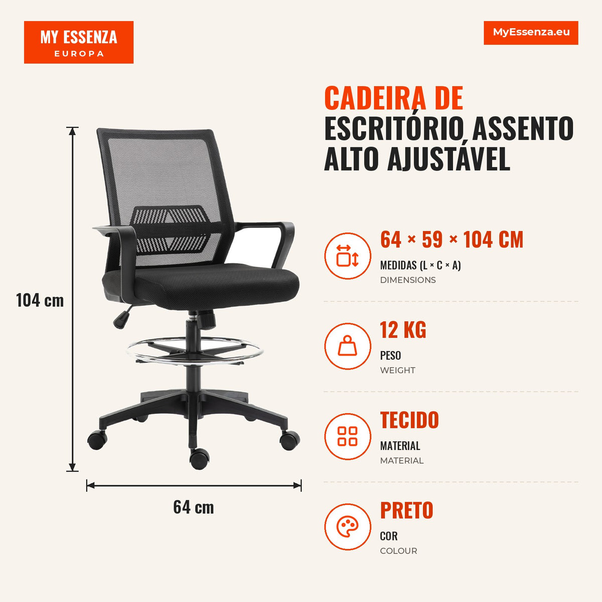 Cadeira de Escritório Assento Alto Ajustável 64x59x104-124 cm Bancode Escritório Giratória 360° Malha Respirável Preto — infografia 1