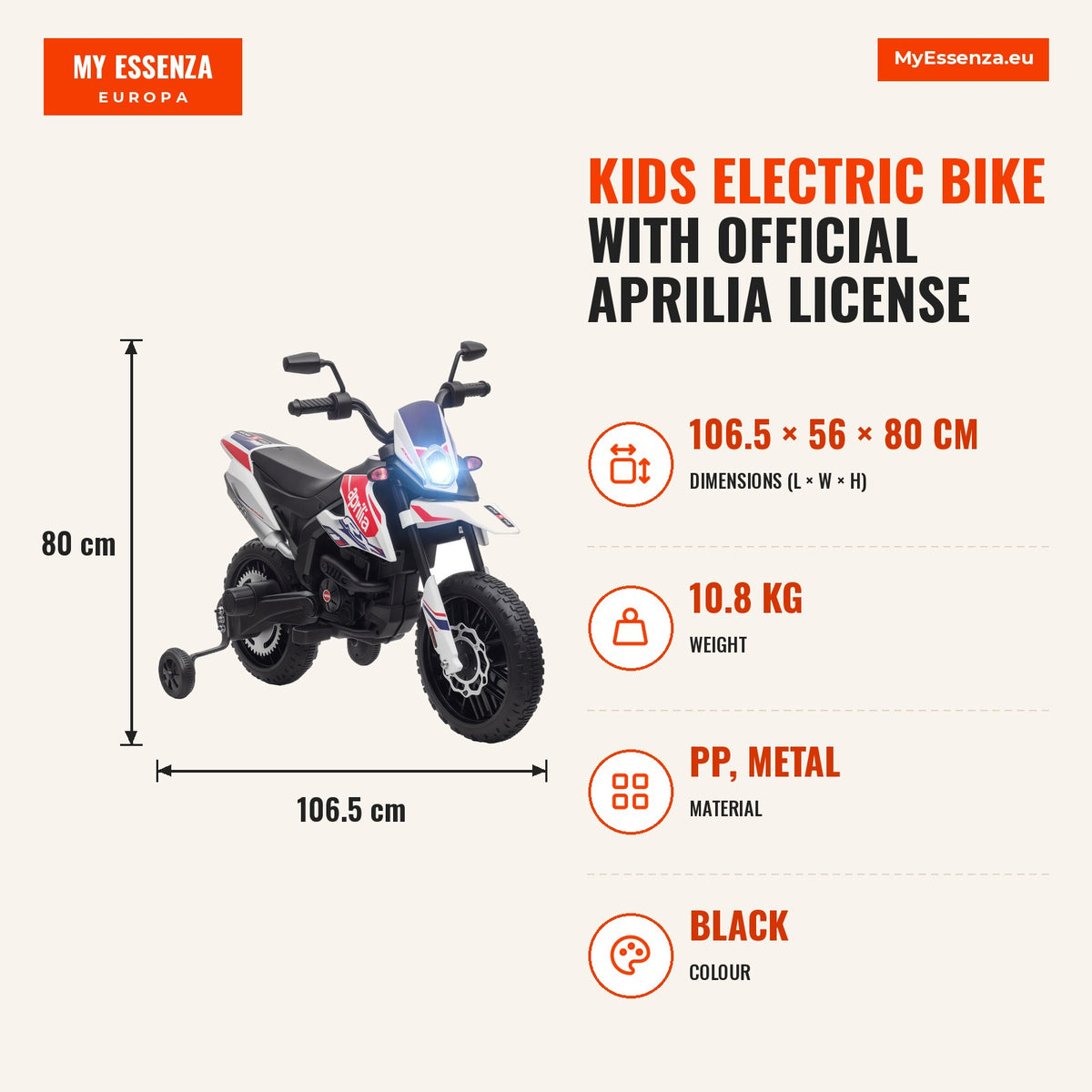 Mota Elétrica Infantil com Licença Oficial Aprilia 12V 25W Rodas de Apoio Removíveis Farol Música Porta USB e Amortecedor Traseiro Branco — Infografia | Infographic — dimensions