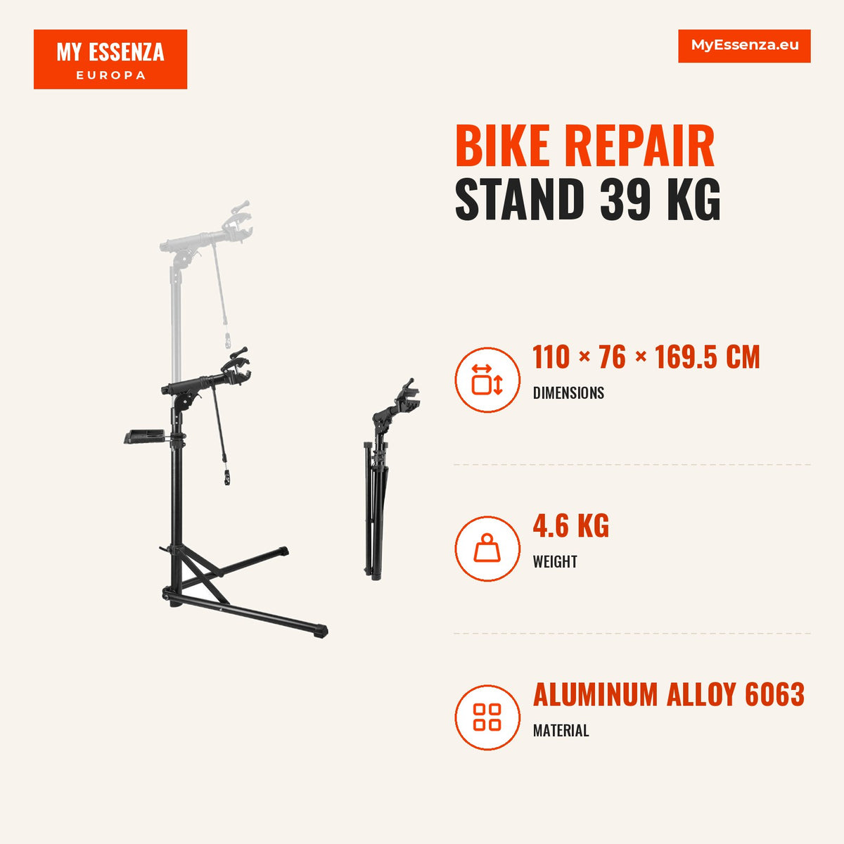 Suporte reparação bicicleta 39 kg, altura 103-163 cm — Infografia | Infographic — dimensions