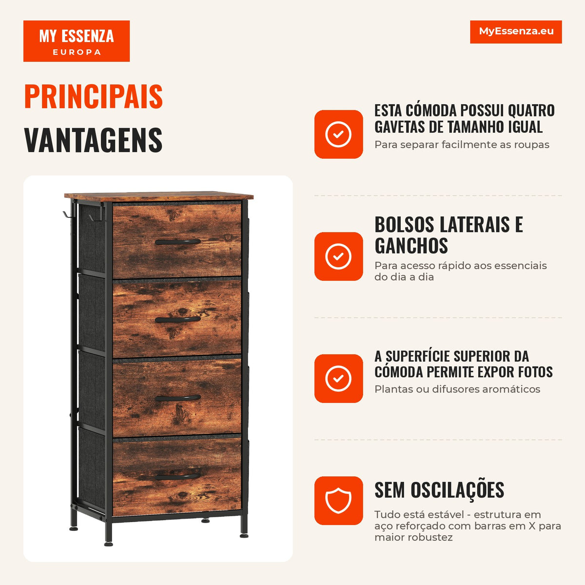 Cómoda 4 Gavetas em Tecido Móvel de Arrumação com 4 Bolsos 2 Ganchos Estrutura em Aço 45x30x94,5 cm Castanho — infografia 1