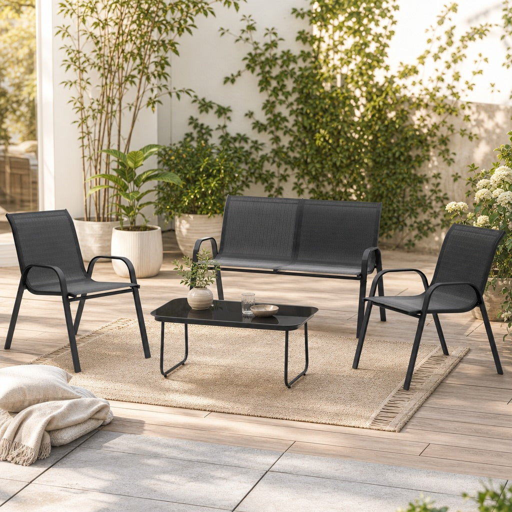 Conjunto de Jardim Exterior 4 Peças Móveis para Jardim com 2 Cadeiras Empilháveis 1 Sofá de 2 Lugares e Mesa de Centro com Bancada de Vidro Temperado Preto — Ambiente | Lifestyle
