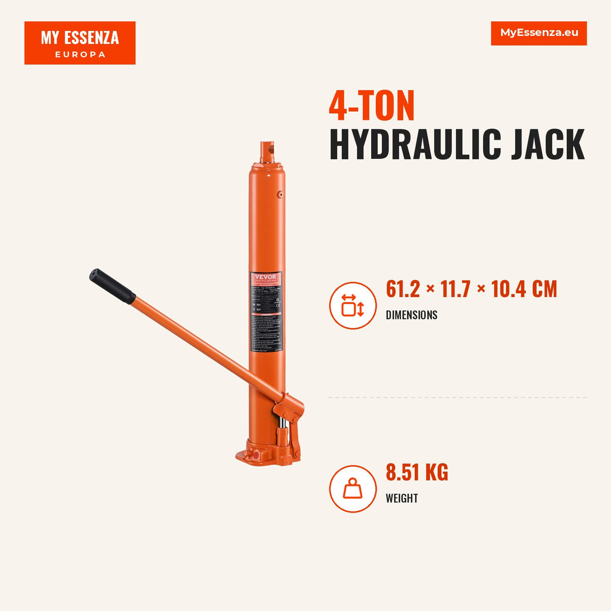 Macaco hidráulico 4 toneladas, cilindro êmbolo, base plana — Infografia | Infographic — dimensions