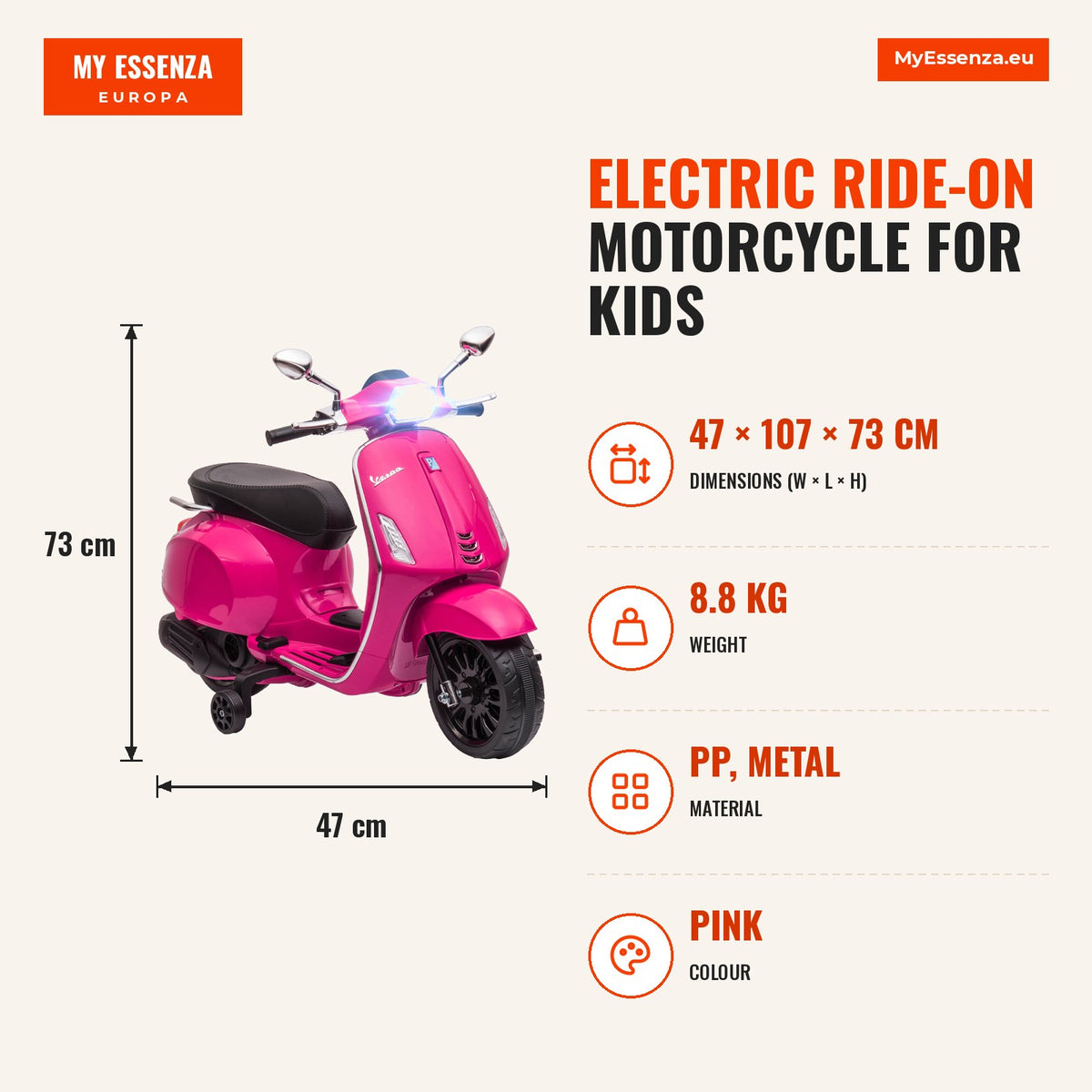 Moto Elétrica para Crianças de 3-6 Anos com Licença Vespa Motocicleta de Bateria 6V com USB MP3 Luz LED Rádio FM Moto para Crianças com Velocidade 3 k — Infografia | Infographic — dimensions
