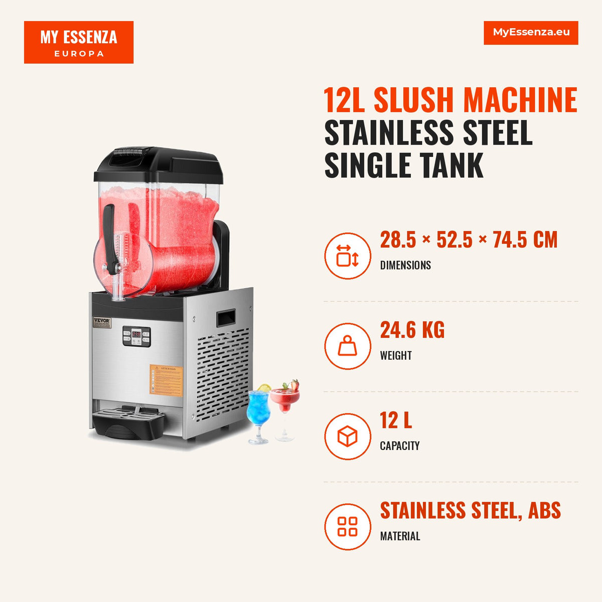 Máquina slush 12 L monocubeta aço inox, até 48 copos — Infografia | Infographic — dimensions