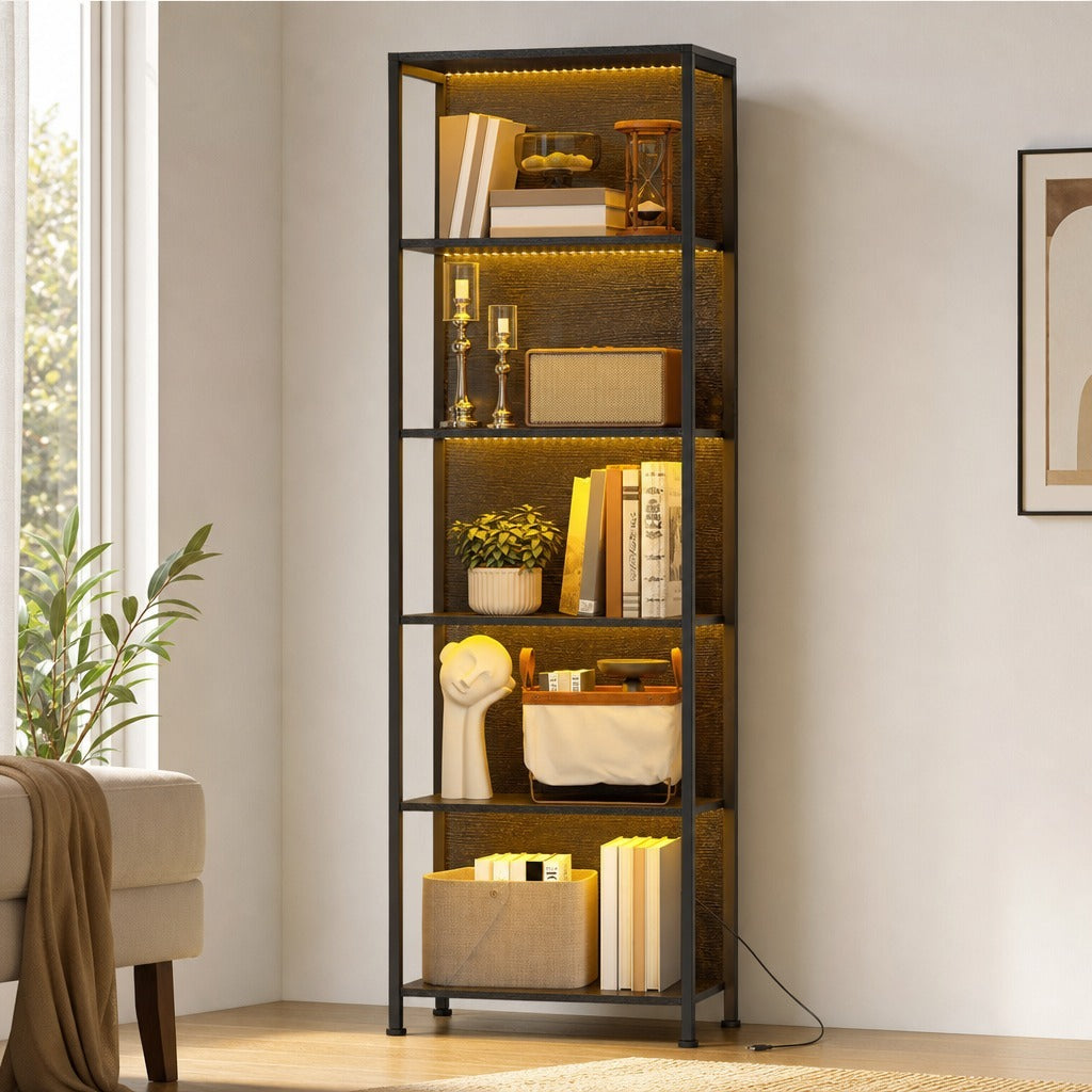Estante de 5 Níveis com Luzes LED de 7 Cores Estante para Livros 60x30x179 cm Estante Industrial com Estrutura de Aço para Sala Quarto Escritório Preto — Ambiente | Lifestyle