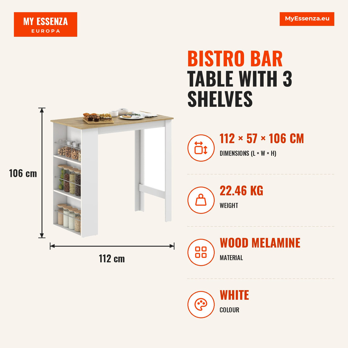 Mesa de Bar de Bistrô com 3 Prateleiras com Suporte Estilo Moderno para Cozinha Sala de Jantar Sala de Estar Estrutura de Melamina 112x57x106 cm Branc — Infografia | Infographic — dimensions