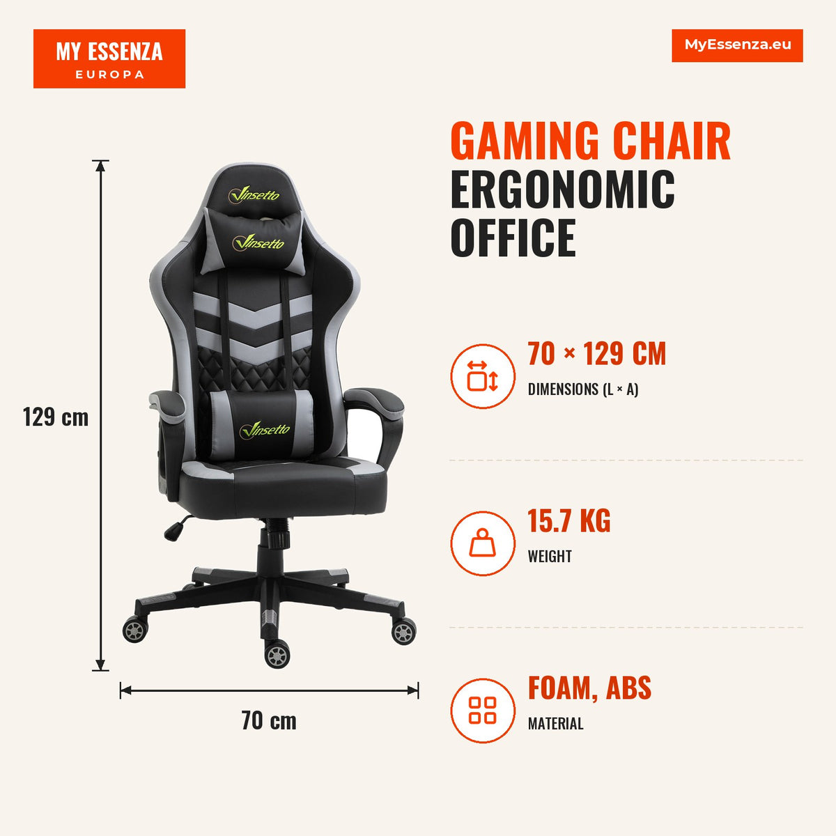 Cadeira Gaming Cadeira de Escritório Ergonómica com Altura Regulável Basculante com Apoio de Cabeça e Almofada Lombar 61x70x121-129 cm Preto — Infografia | Infographic — dimensions