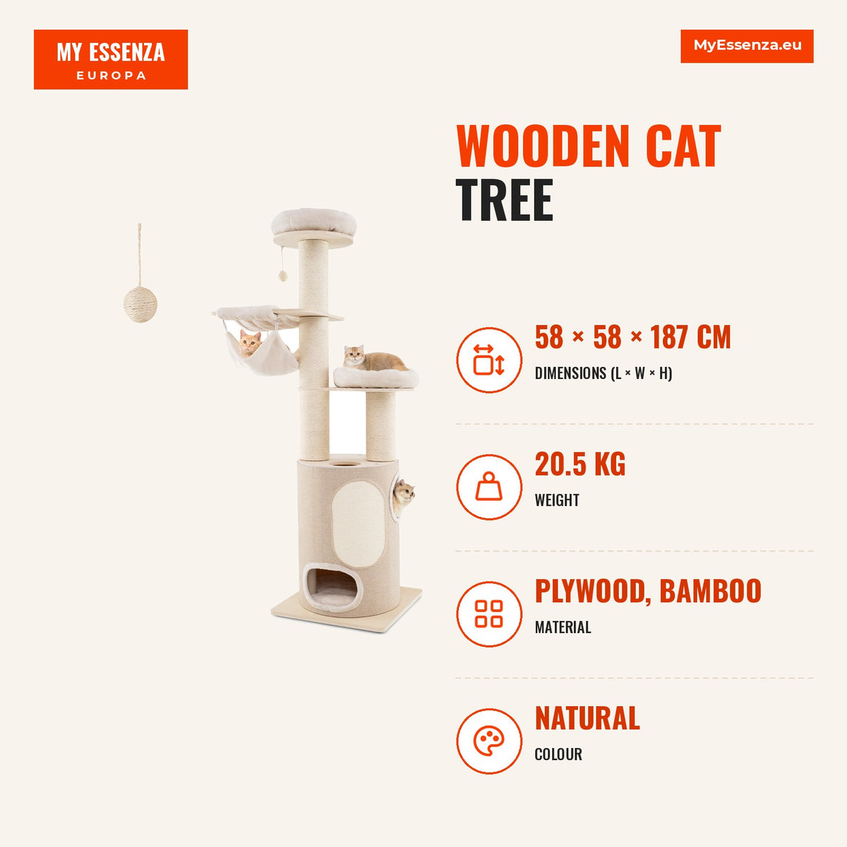 Árvore para Gatos em Madeira 187 cm com Condomínio de 2 Pisos, Redes, Postes Riscadores e Almofadas — Infografia | Infographic — dimensions