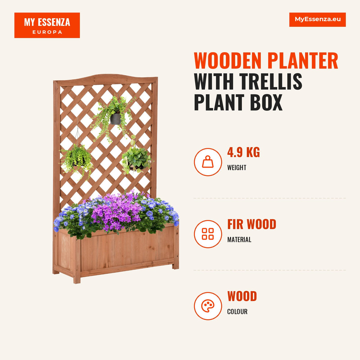 Floreira com Treliça de Madeira Caixa de Plantio com Suporte para Plantas Trepadeiras para Cultivo de Plantas Flores Terraço Jardim Exterior 70x28x117 — Infografia | Infographic — dimensions