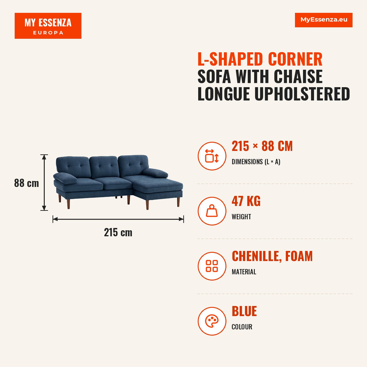 Sofá de Canto com Chaise Longue em Forma de L Estofado em Poliéster Sofá de Canto com Apoios de Braço para Sala de Estar Capacidade 250 kg 215x142x88  — Infografia | Infographic — dimensions