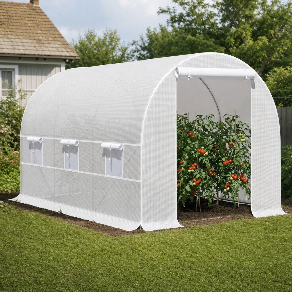 Estufa Tipo Túnel 400x200x200cm Estufa de Jardim com Portas Enroláveis e 6 Janelas Cobertura de PE 140 g/m² Estrutura de Metal para Cultivo de Plantas Verduras Branco — Ambiente | Lifestyle
