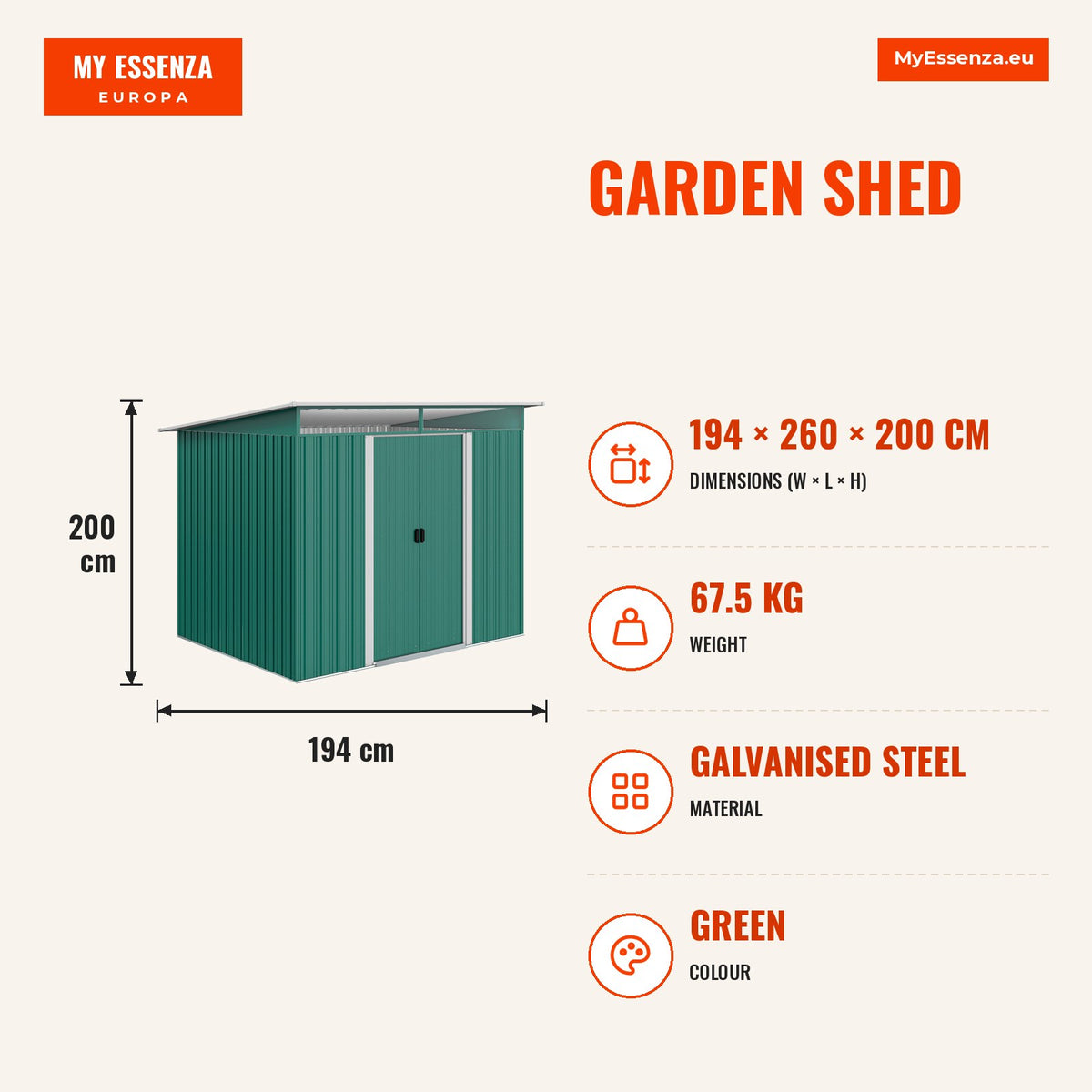 Abrigo de Jardim 4,5 m² 260x194x200 cm Abrigo Exterior Metálico com Painéis Frontais Transparentes e 2 Portas Deslizantes para Armazenamento de Ferram — Infografia | Infographic — dimensions