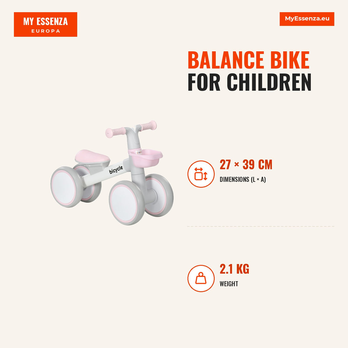 Bicicleta sem Pedais para Crianças de 12-36 Meses Bicicleta de Equilíbrio com Assento Ajustável Cesta e 4 Rodas Silenciosas Carga 20 kg 56x27x39 cm Ro — Infografia | Infographic — dimensions
