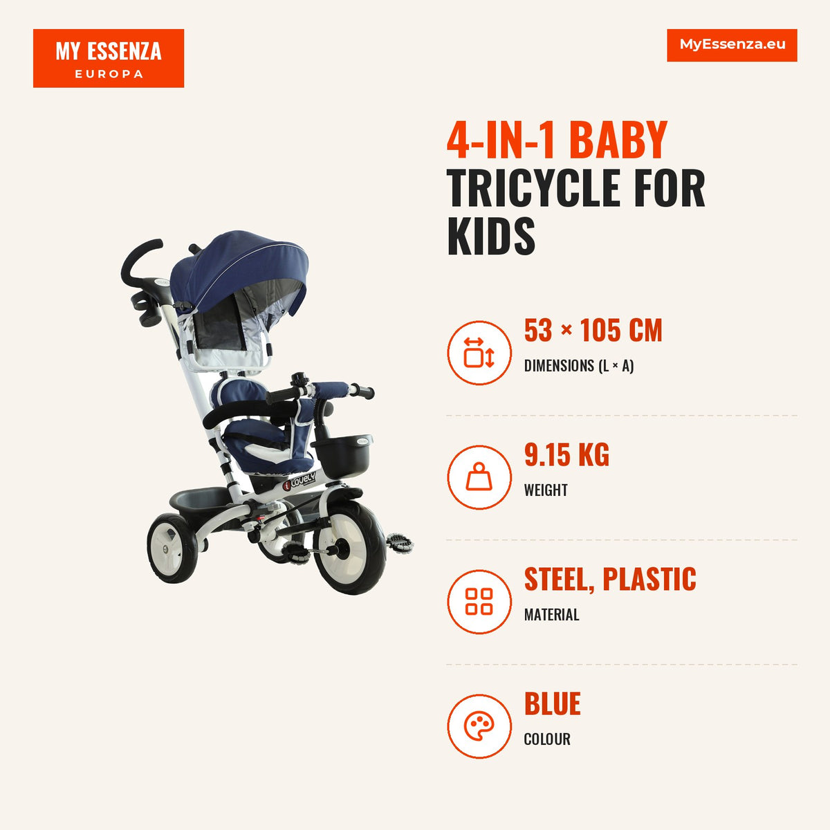 Triciclo de Bebé 4 em 1 para Crianças +18 Meses Assento Giratório Capota Barra Desmontável Controlo Parental Azul — Infografia | Infographic — dimensions
