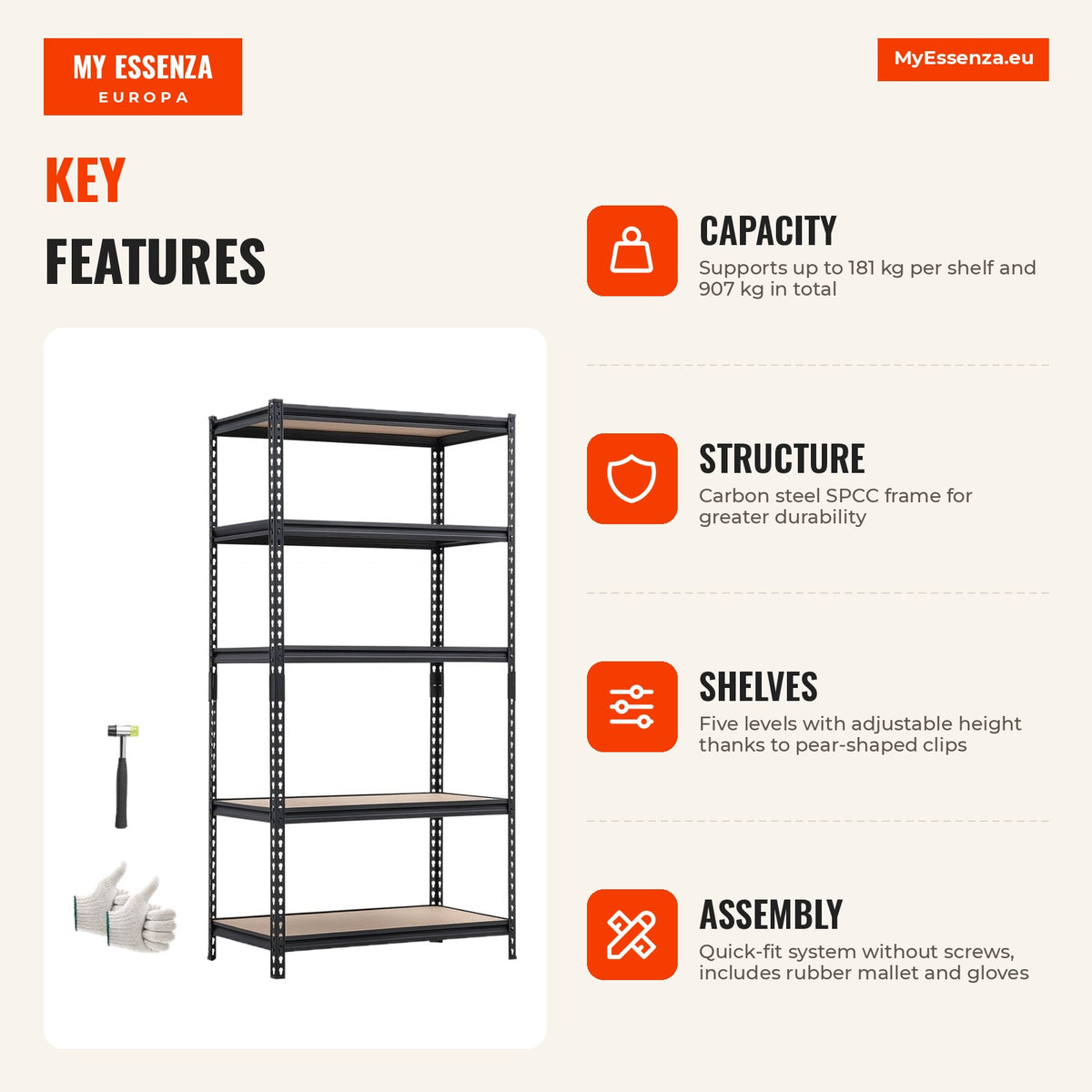 Estante metálica 5 prateleiras ajustáveis, 91 cm L x 46 cm P x 181 cm A, capacidade 907 kg — Infografia | Infographic — dimensions