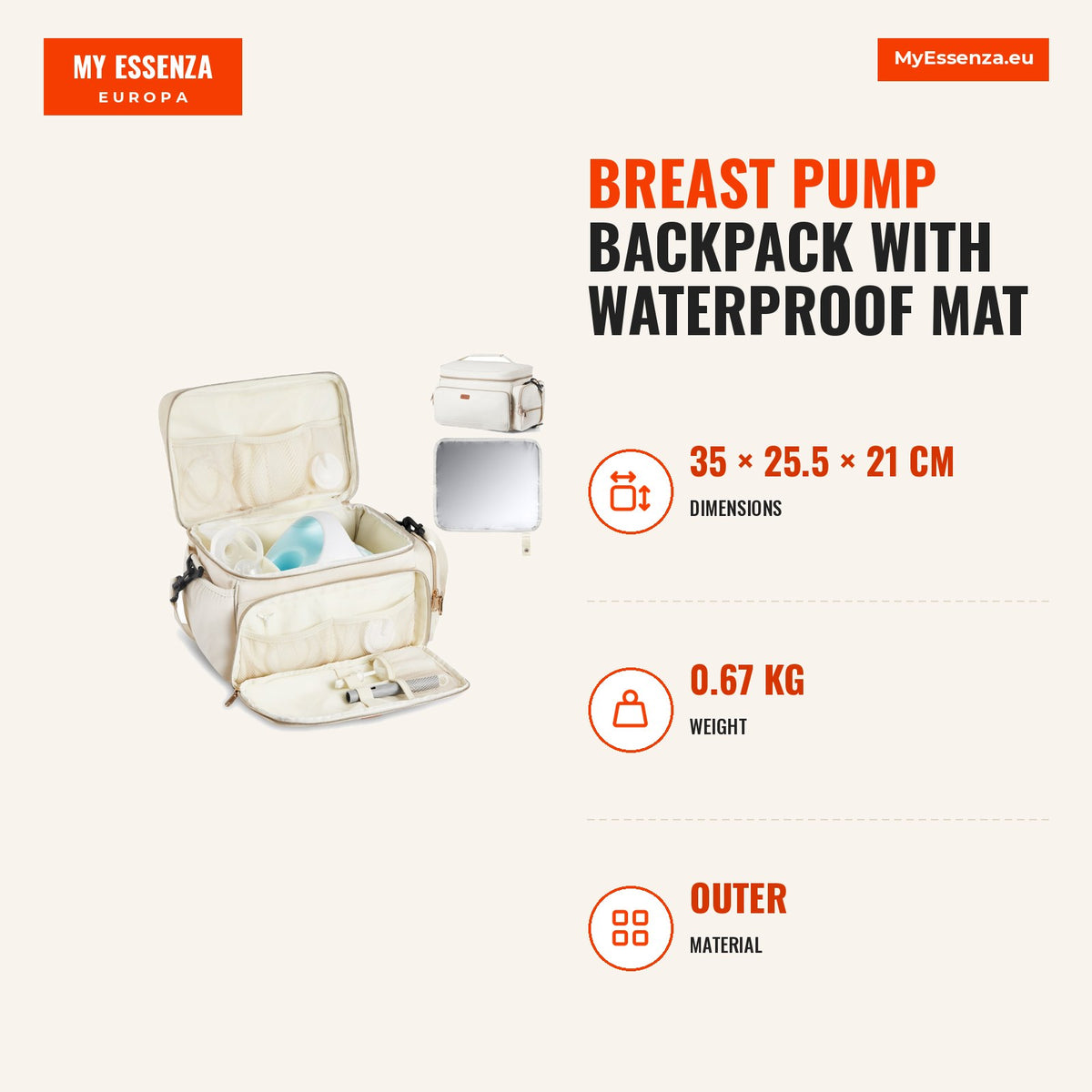Bolsa mochila bomba peito com tapete impermeável — Infografia | Infographic — dimensions