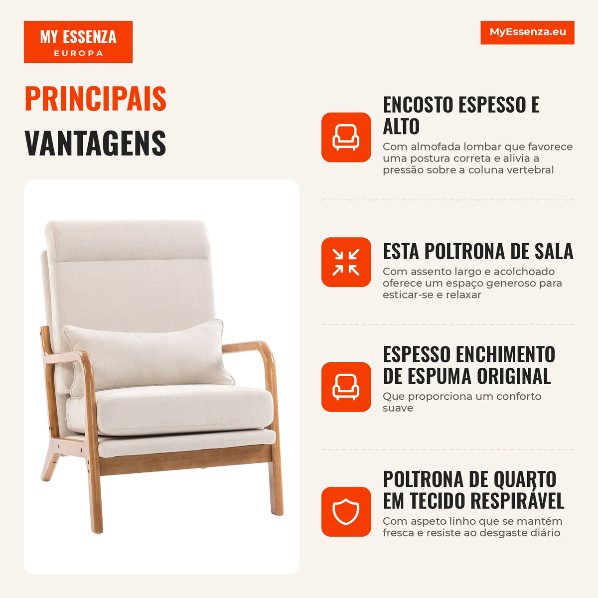 Poltrona de Sala Poltrona Auxiliar Estofada com Tecido Aspeto Linho e Assento Largo Suporte Lombar Encosto Alto 64x86x93 cm Creme — infografia 1