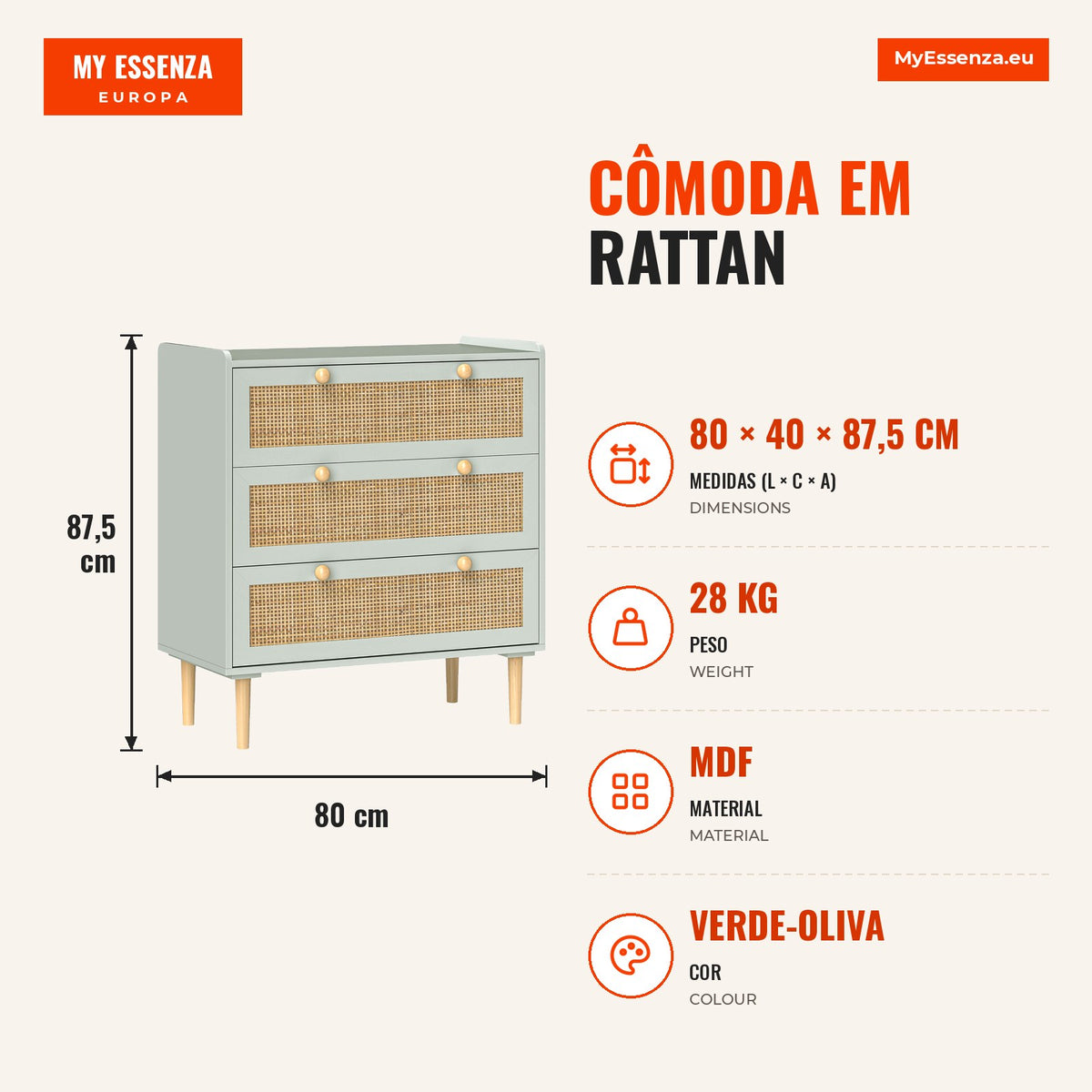 Cômoda em Rattan 3 Gavetas Verde Oliva 80x40x87,5 cm Verde — infografia 1
