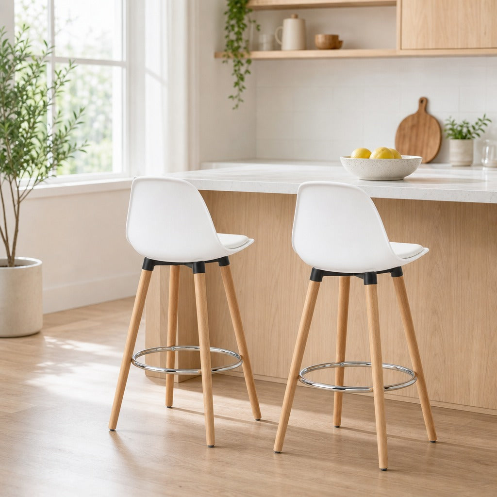 Conjunto de 2 Bancos de Bar Estofado em PU Bancos Altos de Cozinha com Assento de 69 cm e Pés de Madeira para Cozinha Sala de Jantar 38,5x42,5x91cm Branco — Ambiente | Lifestyle