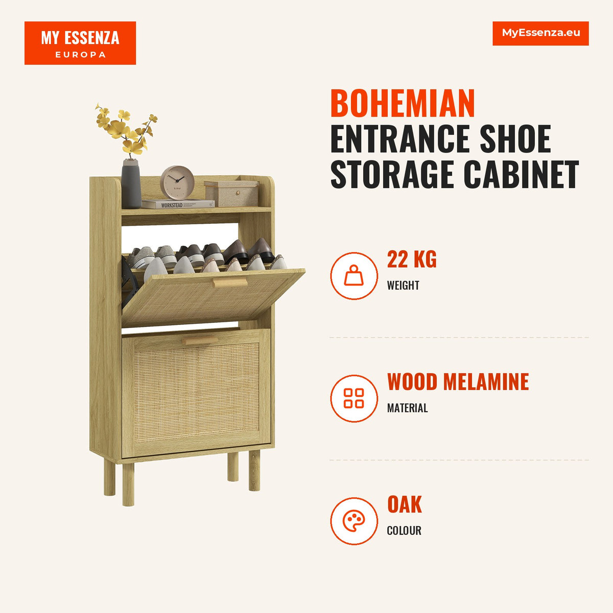 Móvel Sapateira de Entrada Armário de Sapatos Boêmio com 2 Gavetas Basculantes e 1 Prateleira Aberta para 18 Pares de Sapatos para Corredor Entrada 80 — Infografia | Infographic — dimensions