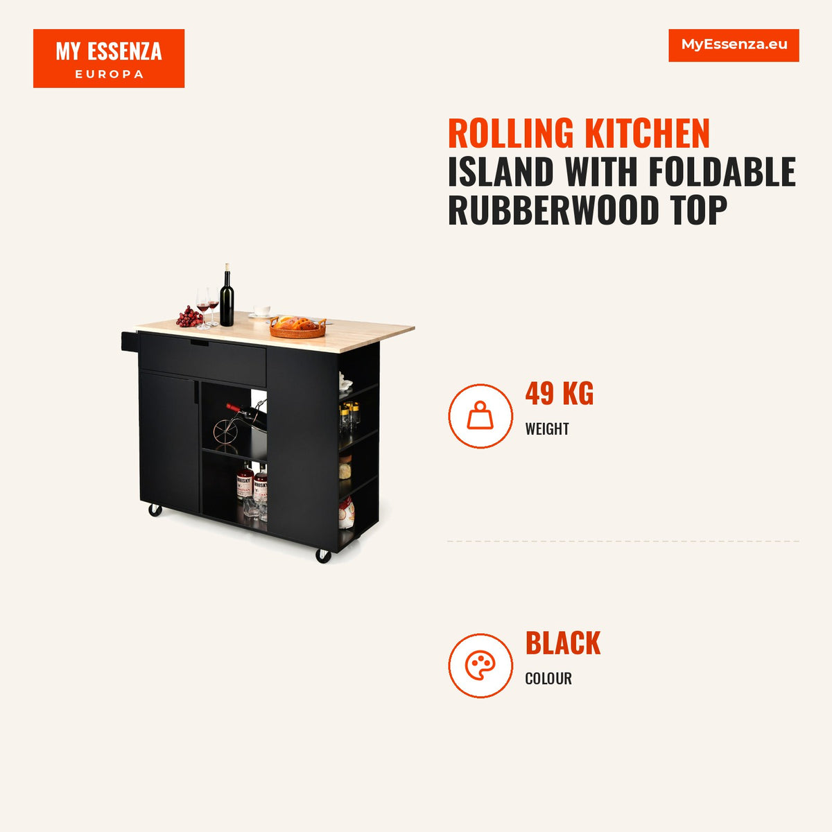 Ilha de Cozinha Rodante com Tampo Dobrável Carrinho Serviço Madeira Borracha 124x76x92cm — Infografia | Infographic — dimensions