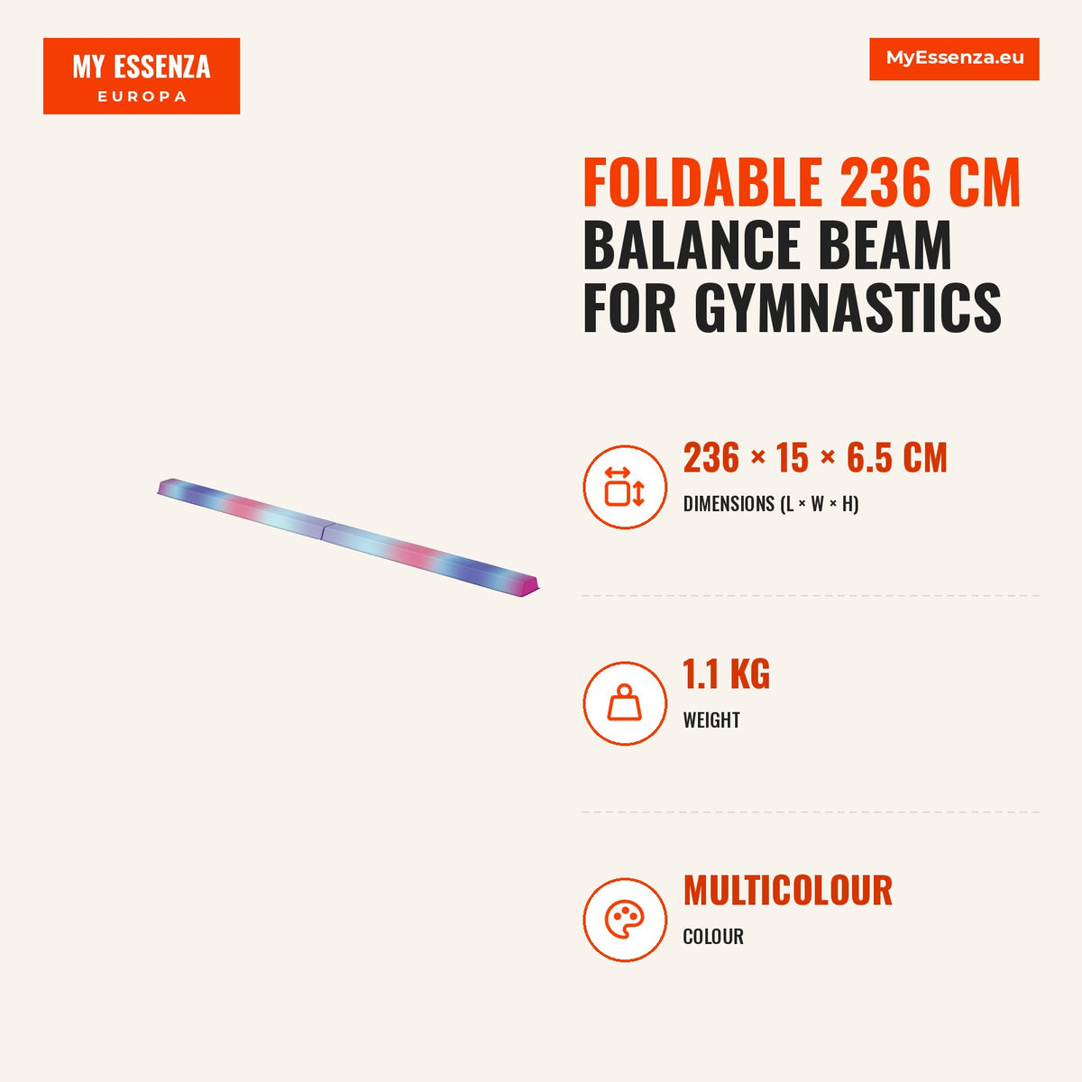 Barra de Equilíbrio de Ginástica Dobrável 236 cm Barra de Ginástica Artística com Base Antiderrapante Viga de Equilíbrio para Crianças Principiantes G — Infografia | Infographic — dimensions