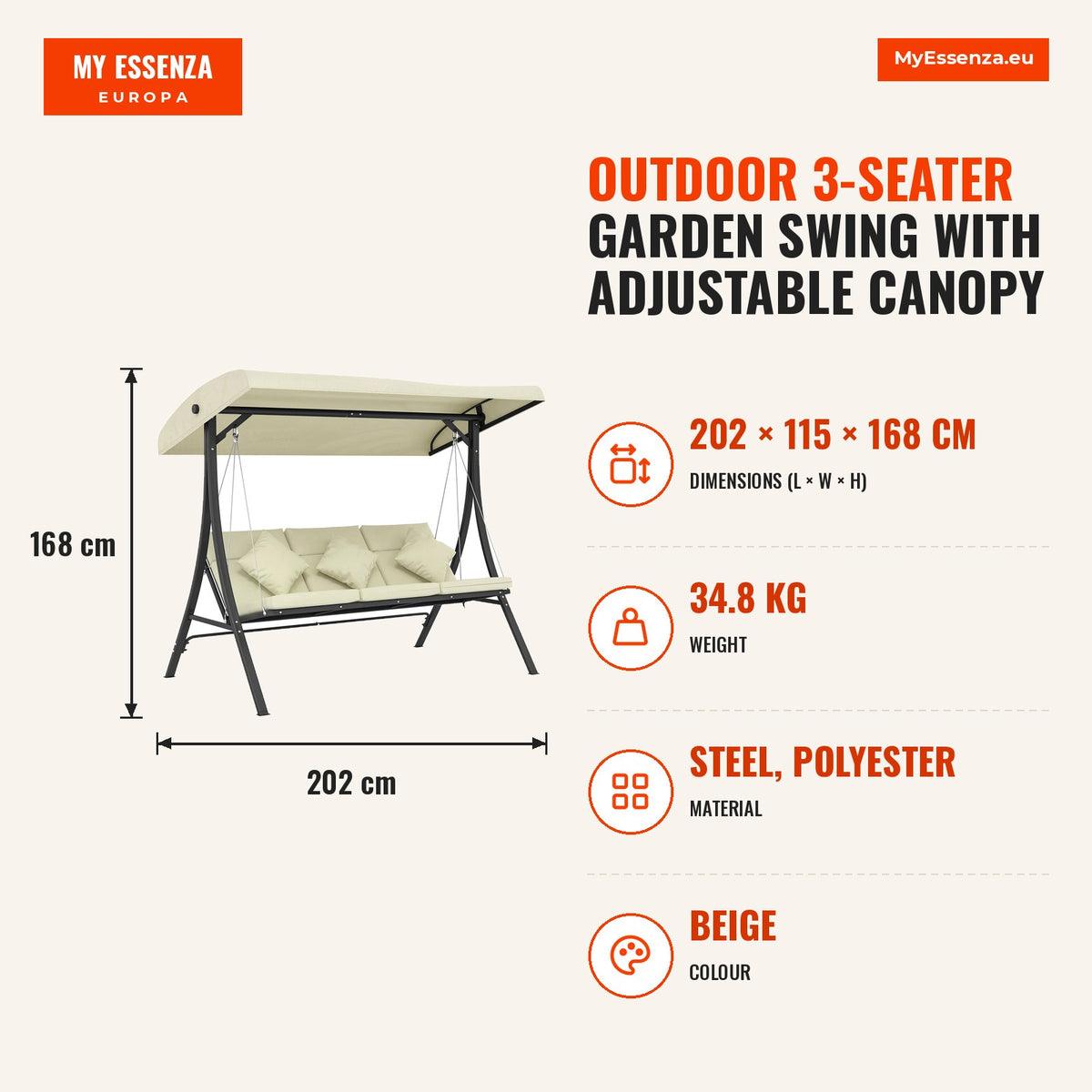 Baloiço de Jardim Exterior de 3 Lugares Baloiço com Toldo Ajustável Almofadas e Estrutura de Aço para Terraço ou Jardim Suporta até 320 kg 202x115x168 — Infografia | Infographic — dimensions