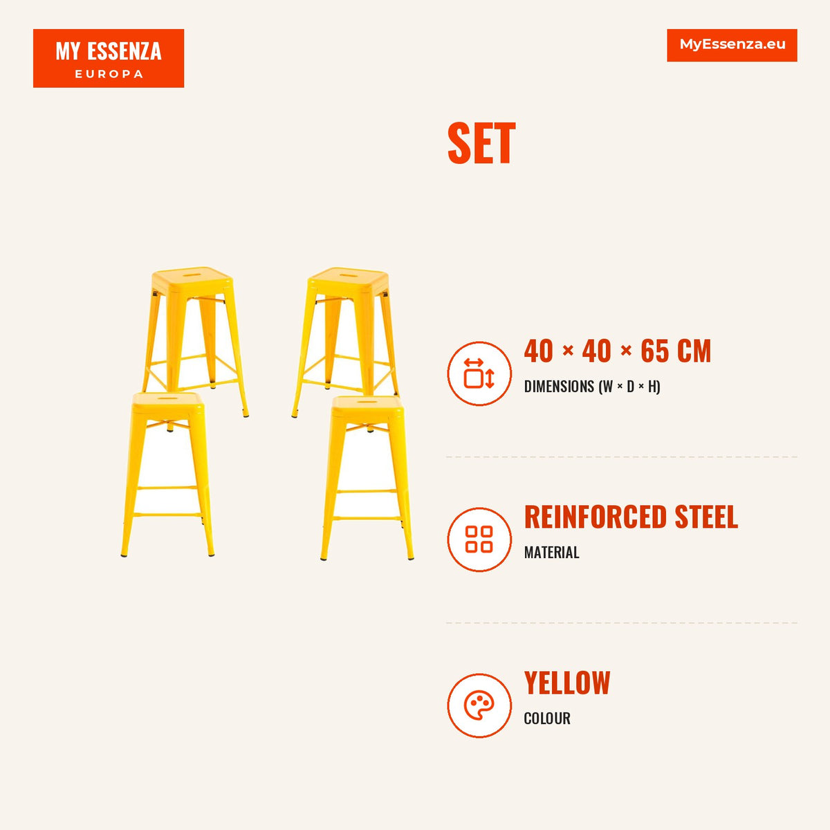 Pack 4 Bancos Meyer Baixos 65 cm — Amarelo — Infografia | Infographic — dimensions
