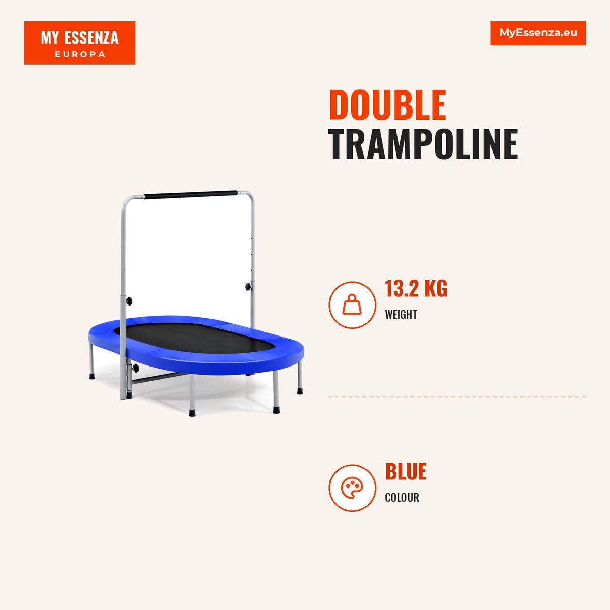 Cama Elástica Dupla para 2 Pessoas com Empunhadura Regulável e Almofada de Segurança Azul 154 x 89 x 92-132 cm — Infografia | Infographic — dimensions