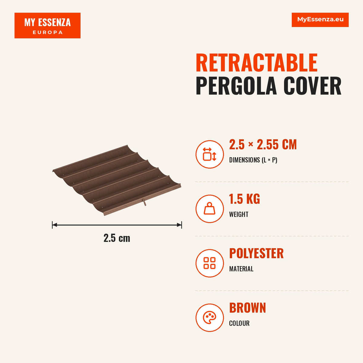 Cobertura para Pérgola 2,5x2,55cm Teto de Substituição Retrátil para Pérgola com 10 Orifícios de Drenagem Café — Infografia | Infographic — dimensions