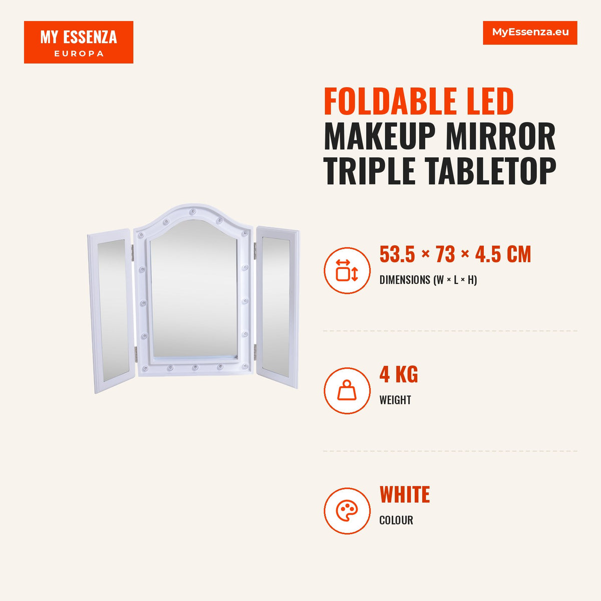 Espelho de Maquilhagem com Luz LED Dobrável Espelho Triplo de Mesa Presente Original para Mulher, 73x53,5x4,5cm — Infografia | Infographic — dimensions