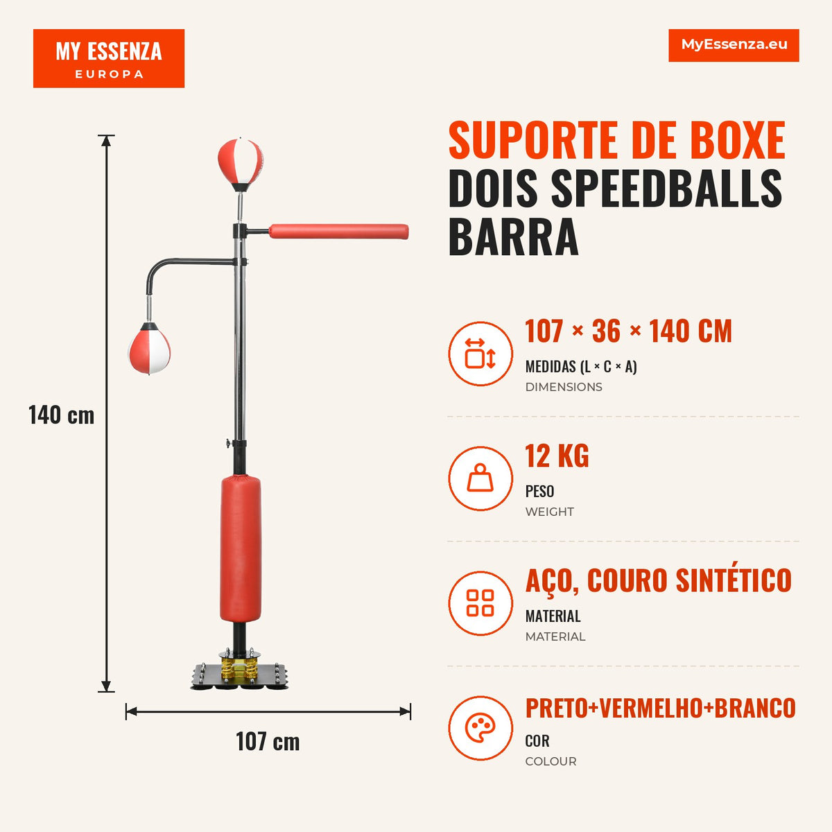 Suporte de Boxe Dois Speedballs Barra de Boxe Giratória Saco de Chutes Ajustável em Altura Aço 107x36x140 205 cm — infografia 1