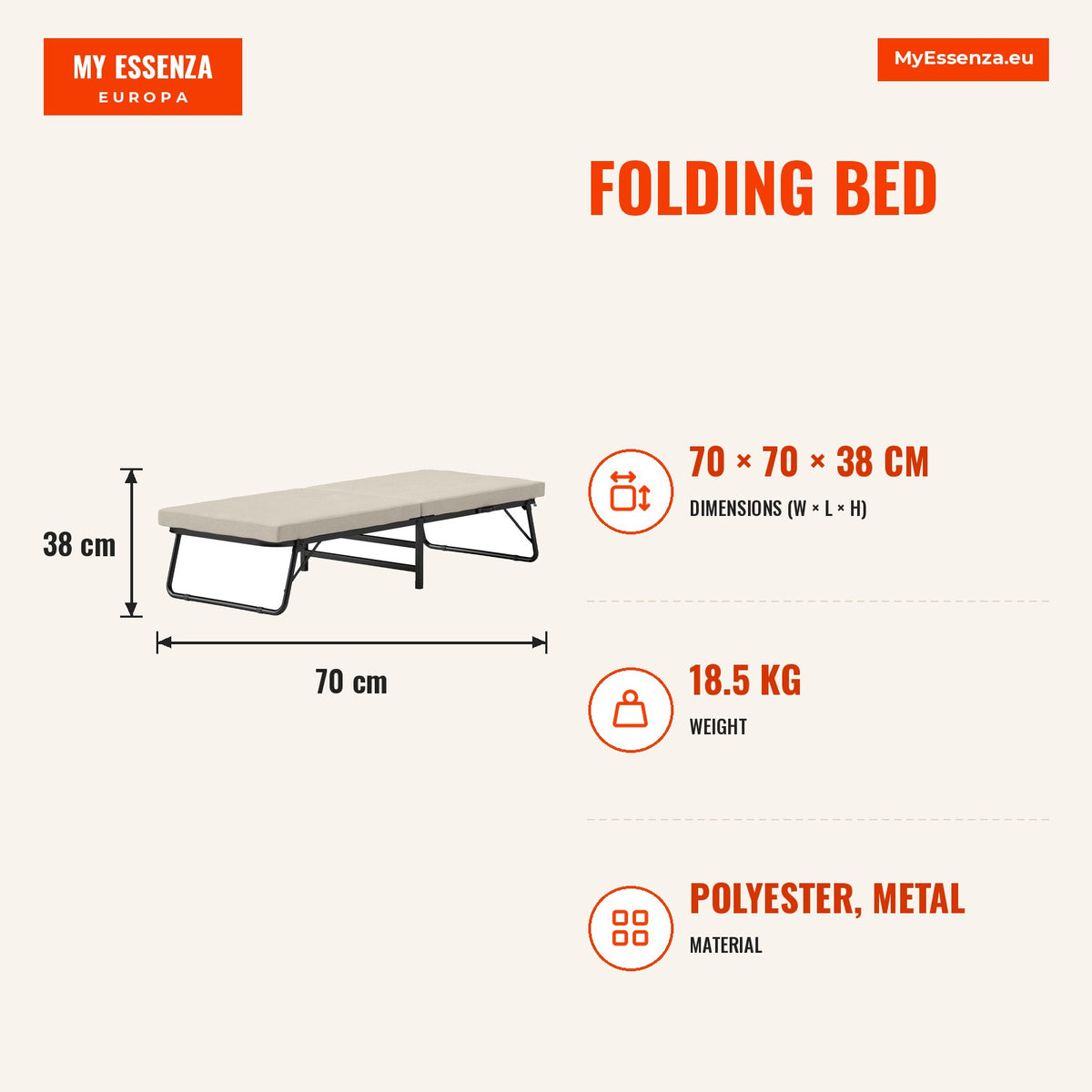 Cama Dobrável 70x180 cm com Colchão de Espuma Cama Dobrável com Encosto Ajustável em 5 Posições e Rodas Cama para Convidados Carga 120 kg — Infografia | Infographic — dimensions