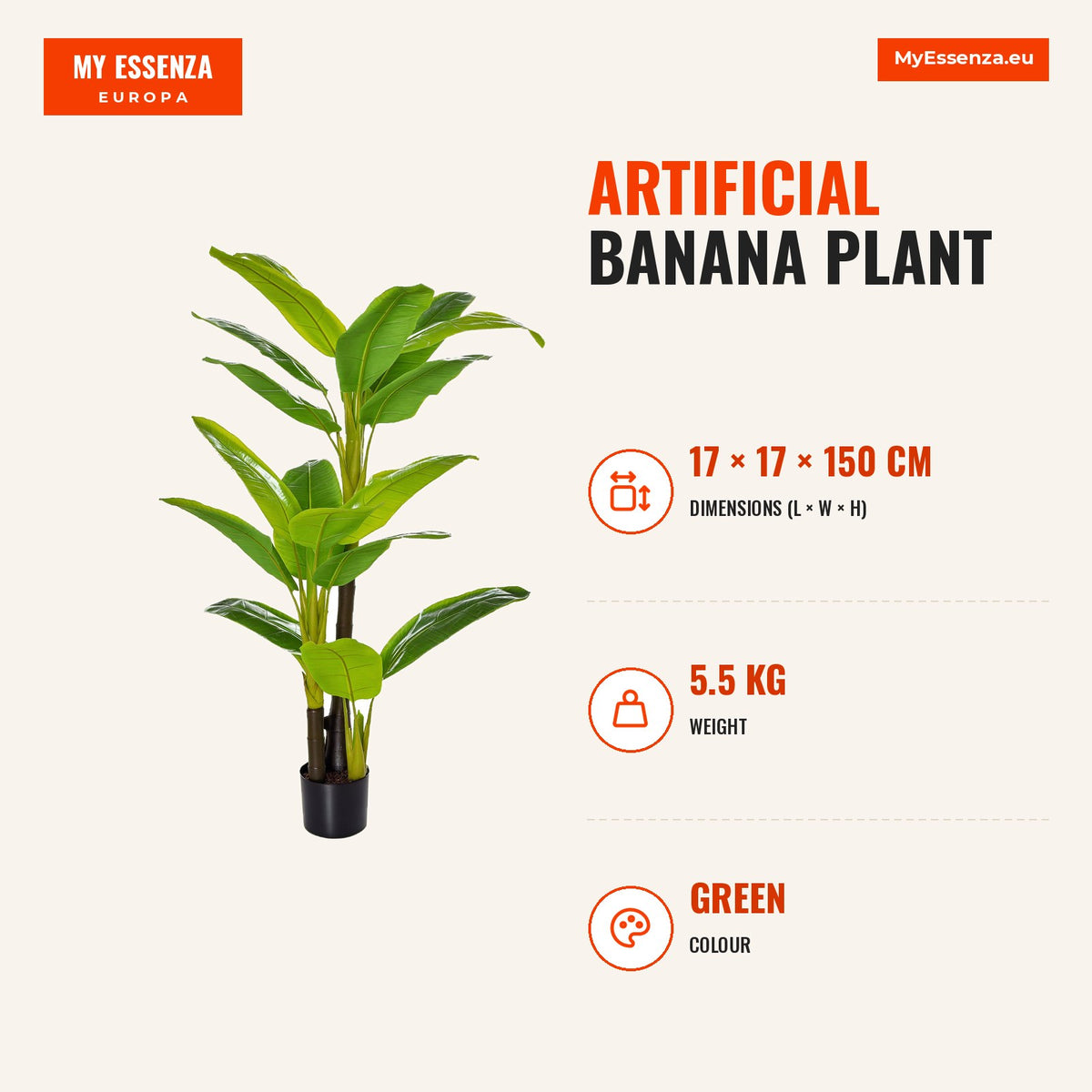 Bananeira Artificial 150 cm Planta Artificial com Vaso e 18 Folhas Planta Artificial para Decoração de Casa Varanda Jardim Sala de Estar Escritório Ve — Infografia | Infographic — dimensions