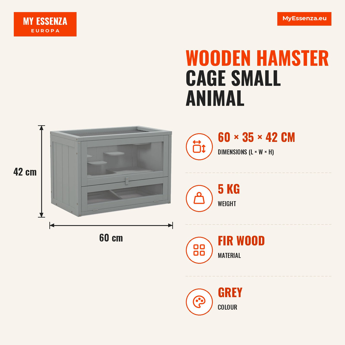 Gaiola de Madeira para Hamsters Gaiola para Roedores Gaiola para Pequenos Animais com 2 Níveis Plataforma Rampa 60x35x42 cm Cinza — Infografia | Infographic — dimensions