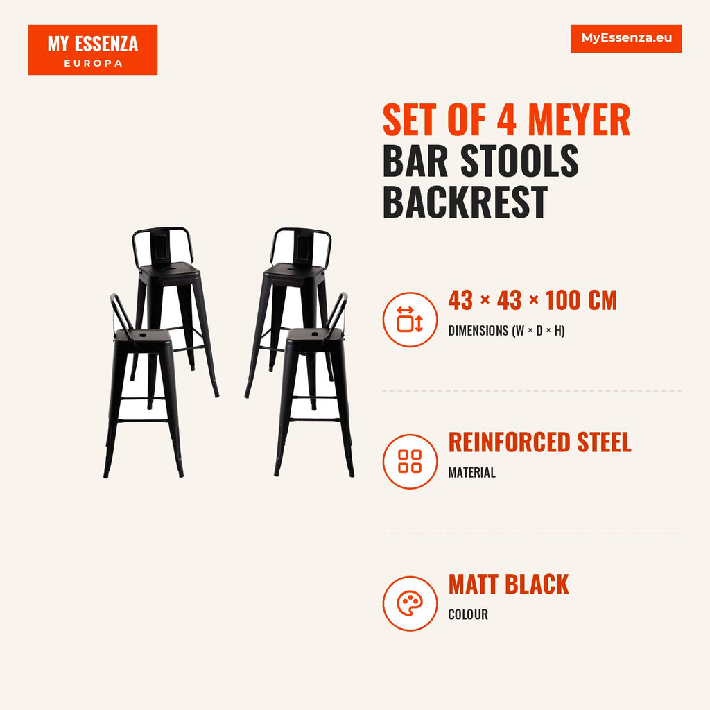 Pack 4 Bancos Meyer Encosto 100 cm — Preto mate — Infografia | Infographic — dimensions