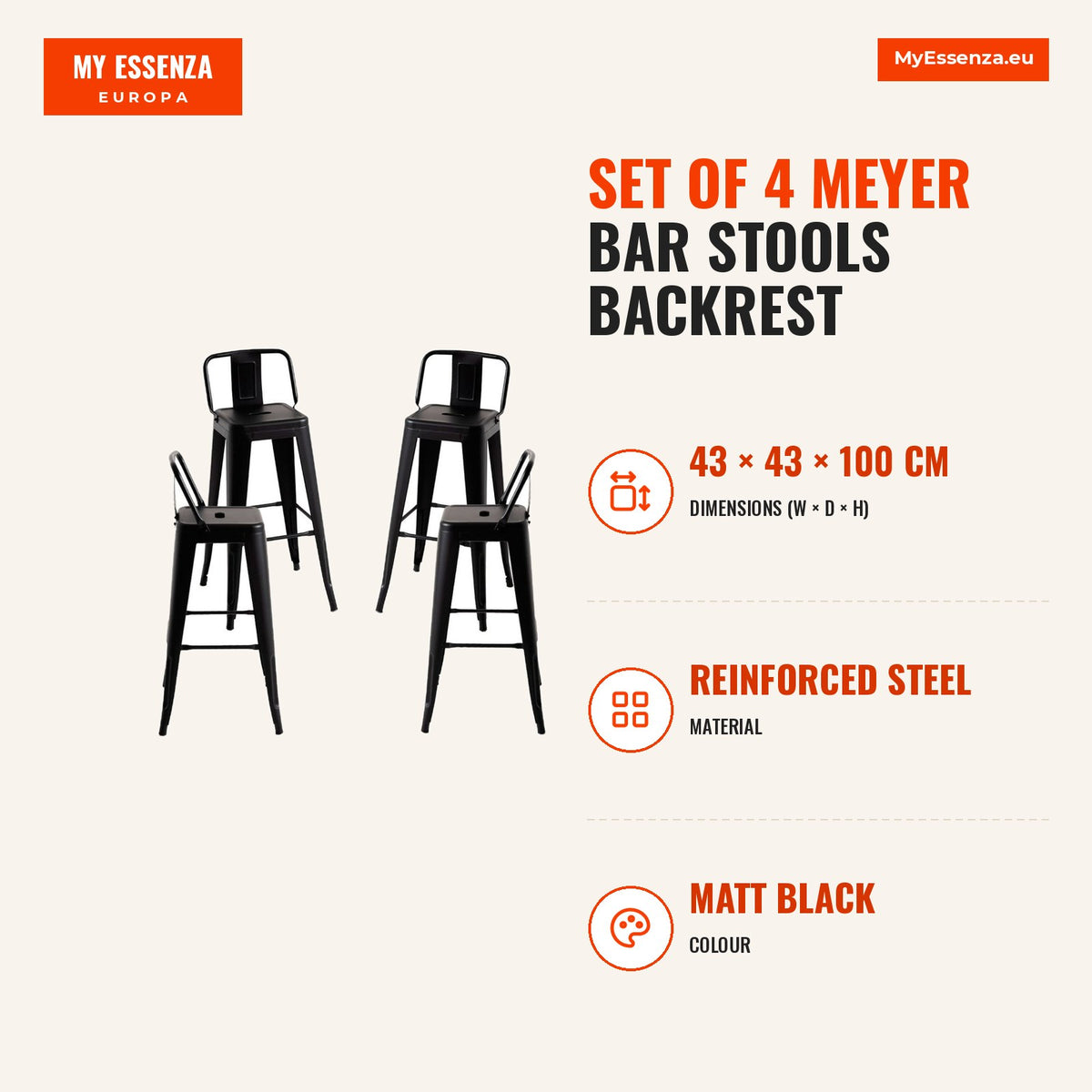 Pack 4 Bancos Meyer Encosto 100 cm — Preto mate — Infografia | Infographic — dimensions