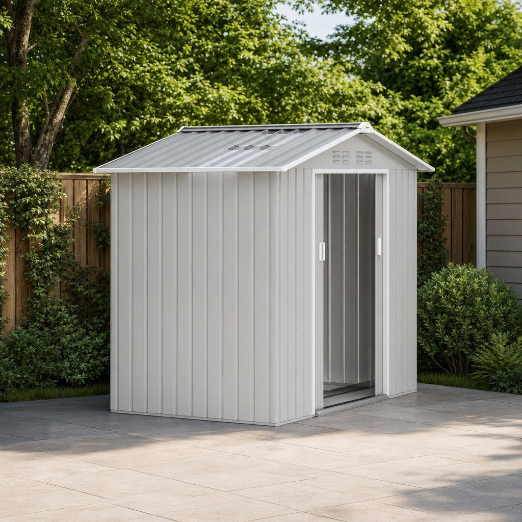Abrigo de Jardim 2,42 m 213x130x185 cm Abrigo de Jardim Metálico de Exterior para Armazenamento de Ferramentas com 2 Portas Deslizantes e 4 Janelas para Terraço Cinza Claro — Ambiente | Lifestyle