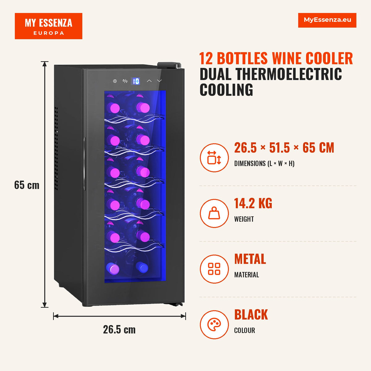 Cave de Vinhos 12 Garrafas Cave para Vinhos com Dupla Refrigeração Termoelétrica Temperatura Ajustável 8-18℃ Porta de Vidro Anti-UV Ecrã LED Luz Inter — Infografia | Infographic — dimensions