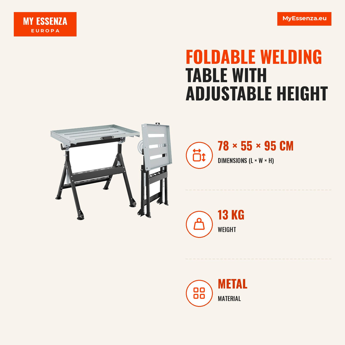 Mesa de Soldadura Dobrável com Altura Ajustável e 5 Ângulos de Inclinação - 180 kg — Infografia | Infographic — dimensions