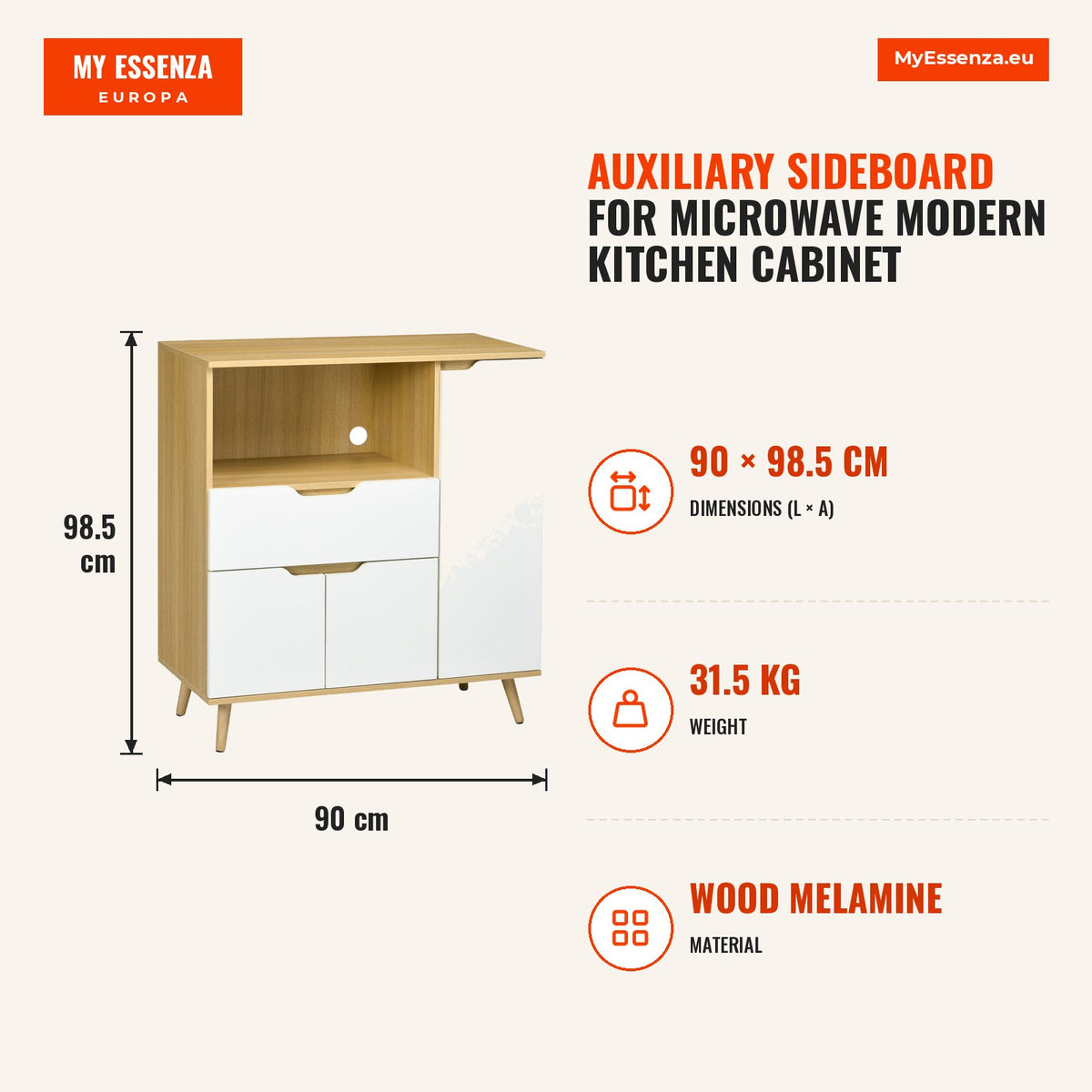 Aparador Auxiliar para Micro-Ondas Armário de Cozinha Moderno com Gaveta 3 Portas e Compartimento Aparador Buffet para Sala de Jantar 90x40x98,5 cm Br — Infografia | Infographic — dimensions
