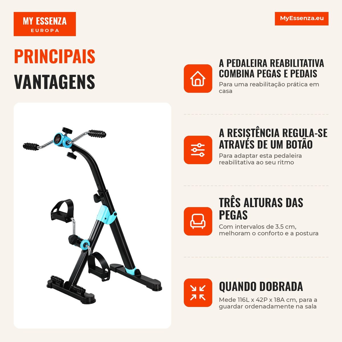 Pedaleira de Reabilitação Dobrável com Ecrã LCD e Rolos de Massagem — infografia 1