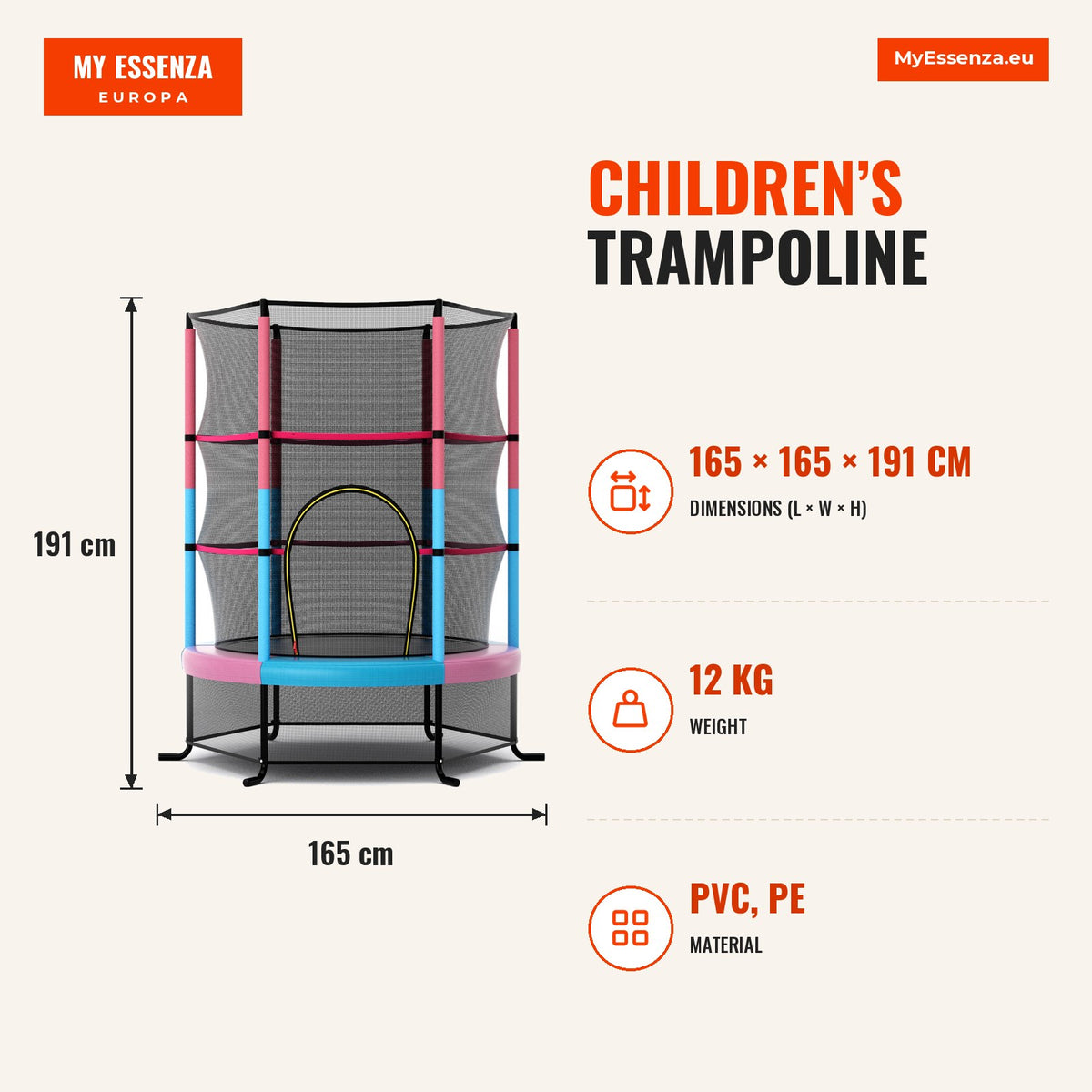 Cama Elástica Infantil 191 cm com Rede de Segurança 360° e Proteção — Infografia | Infographic — dimensions