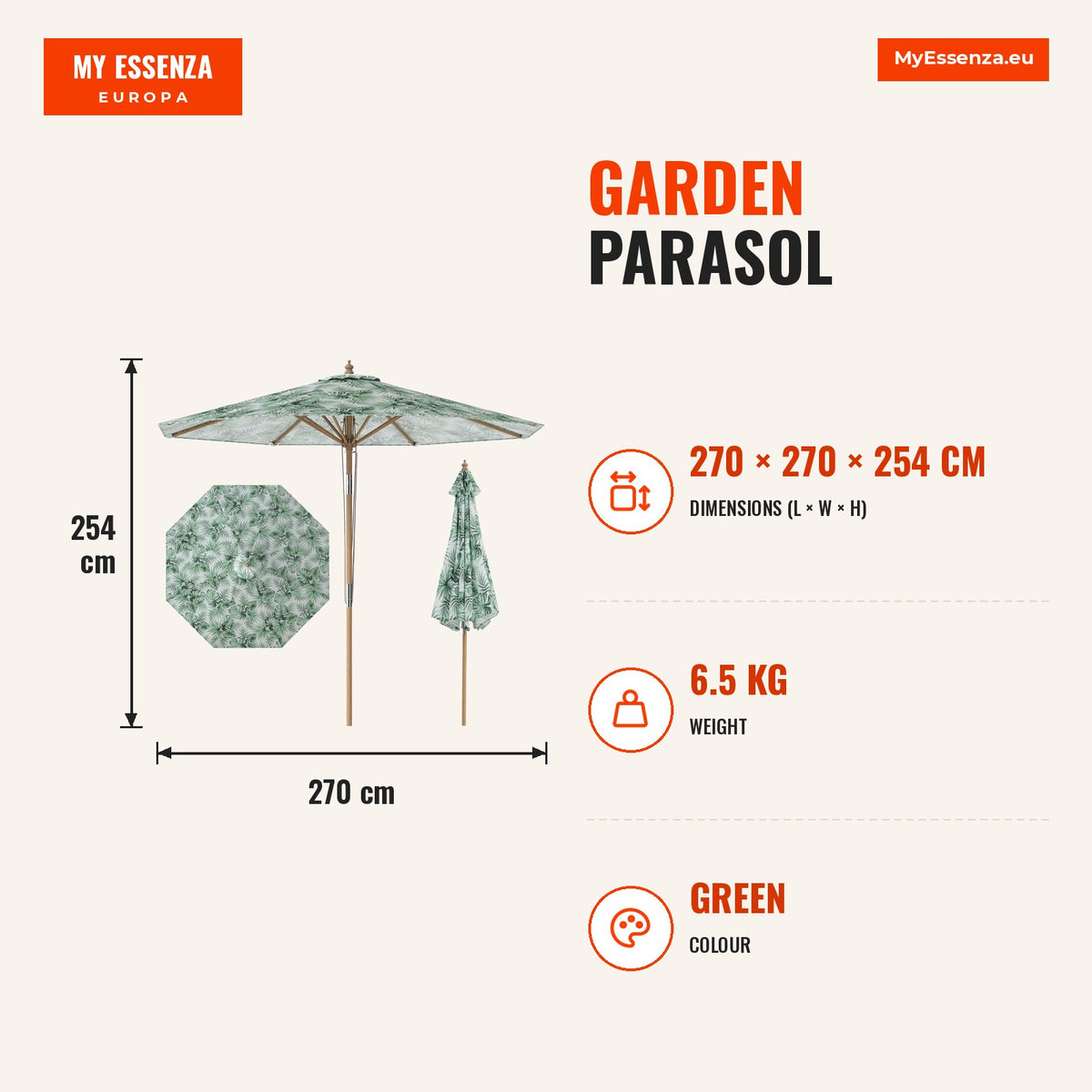 Guarda-sol Jardim 270cm Inclinável Poste 8 Varetas Madeira Faia Tecto Ventilado Roldanas Verde — Infografia | Infographic — dimensions