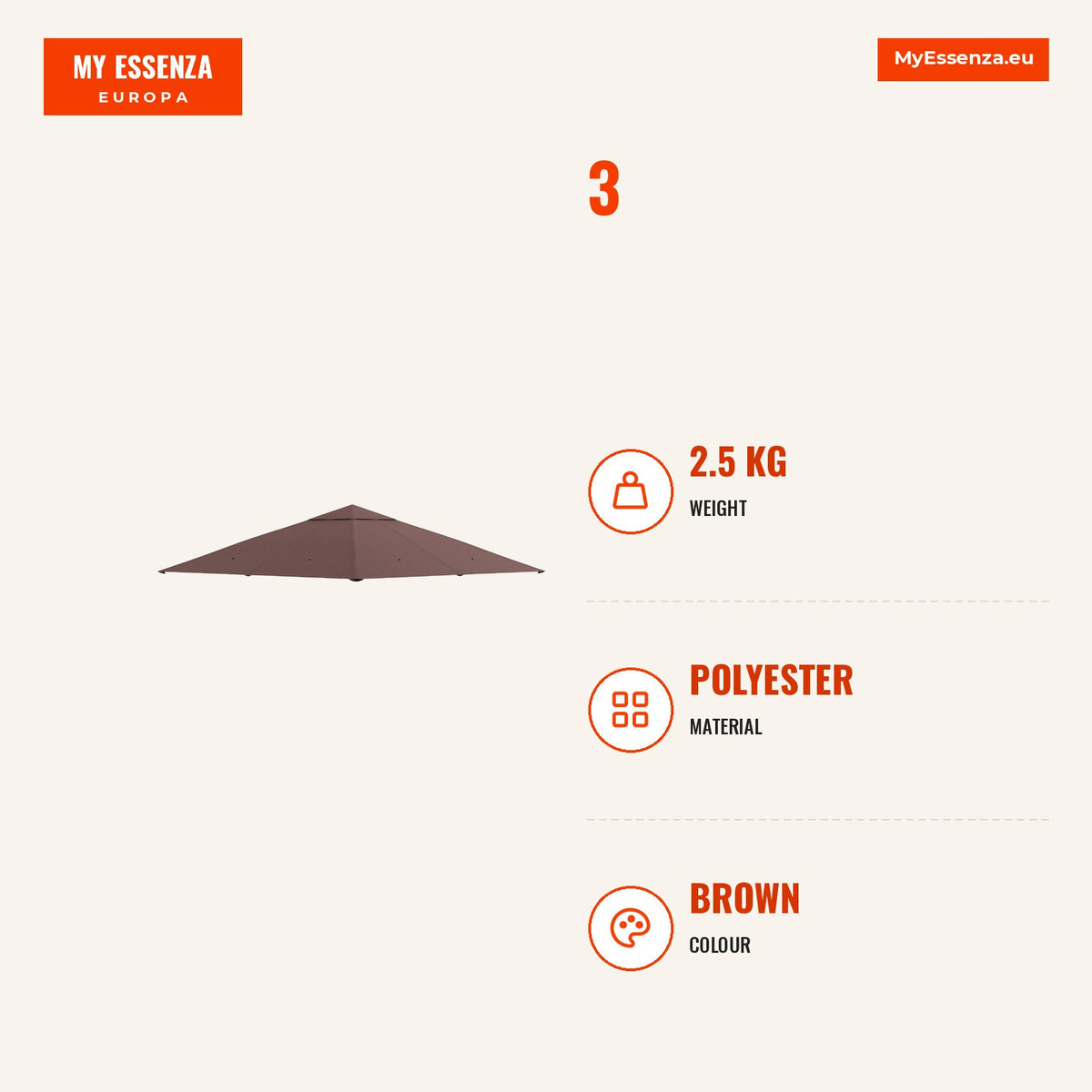 Toldo de substituição de 3 x 3 m para barraca de jardim gazebo ao ar livre com 8 orifícios de drenagem e ventilação marrom — Infografia | Infographic — dimensions
