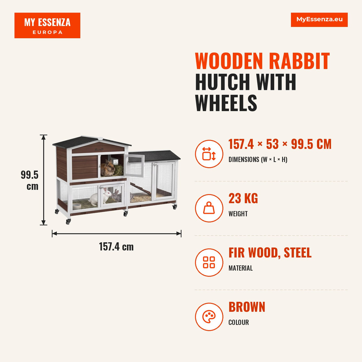 Casota para Coelhos de Madeira com Rodas 157,4x53x99,5 cm Gaiola Grande com Telhado Asfáltico, Tabuleiros Removíveis e Rampa para Exterior e Interior  — Infografia | Infographic — dimensions