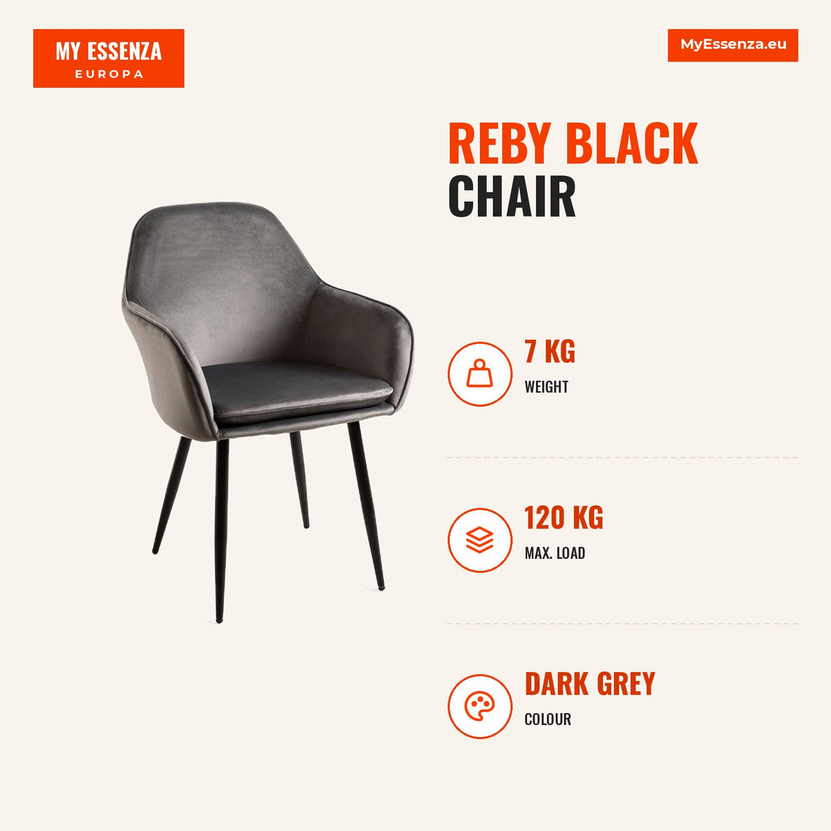 Cadeira Reby Black — Cinza escuro — Infografia | Infographic — dimensions